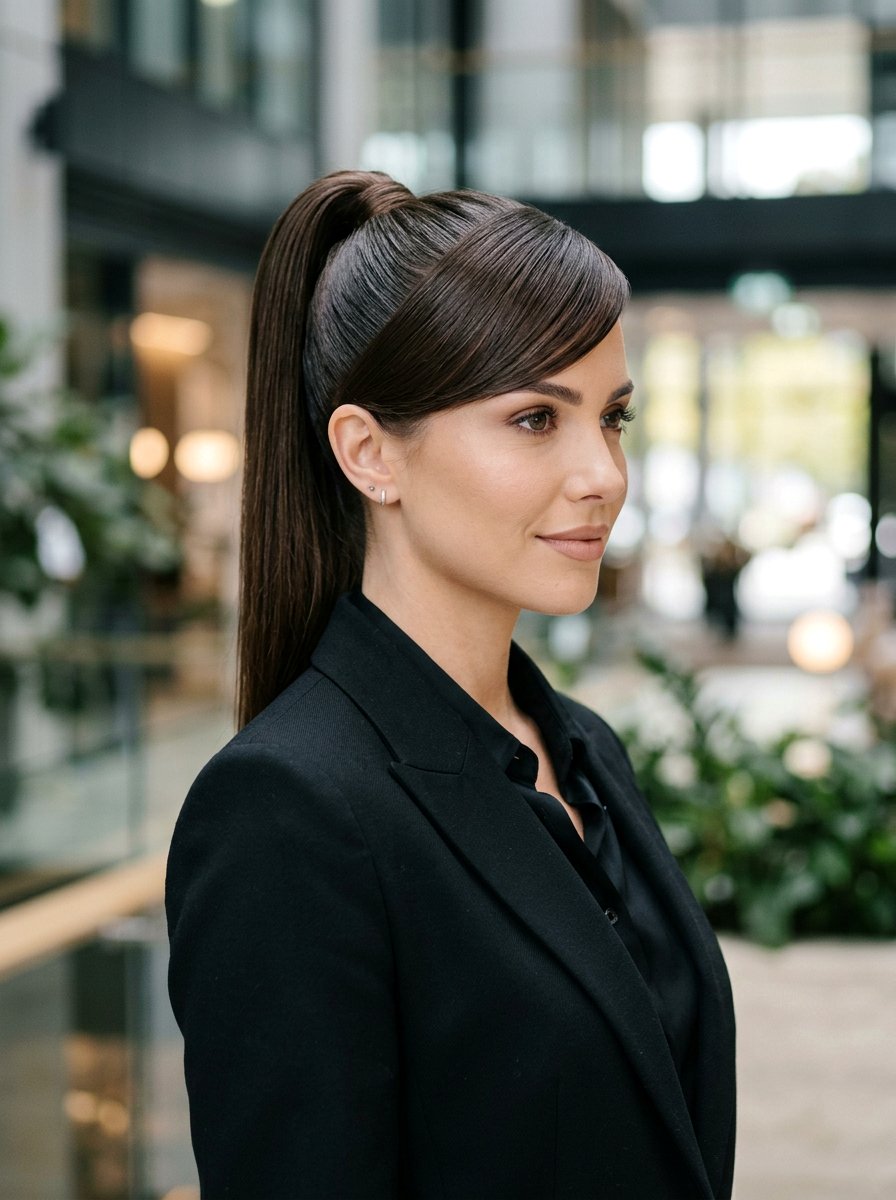 Sleek High Ponytail With Side Part And Side Swept Bangs - 20 sleek office ponytail with side part - 20 sleek office ponytail with side part