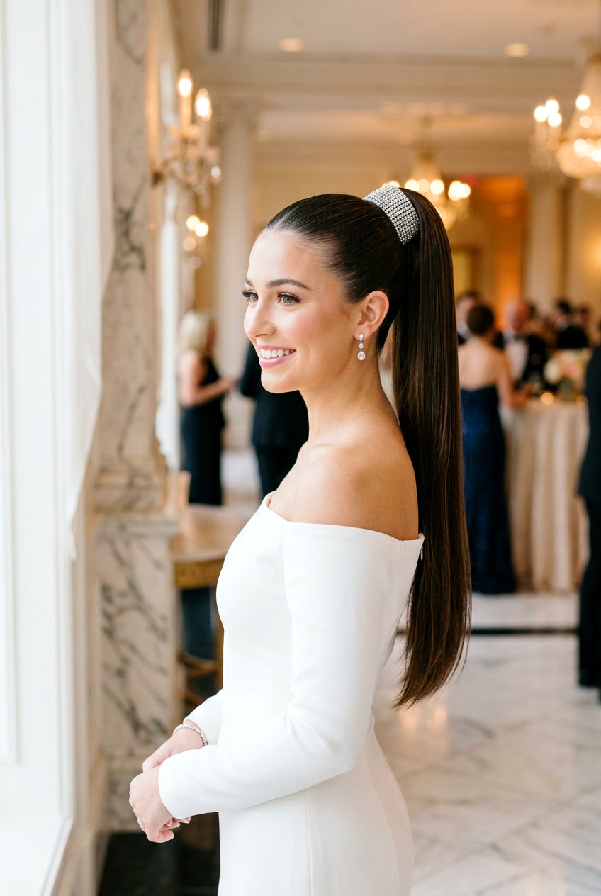 Sleek High Ponytail with Accessories - 20 prom hairstyles for long hair - 20 prom hairstyles for long hair