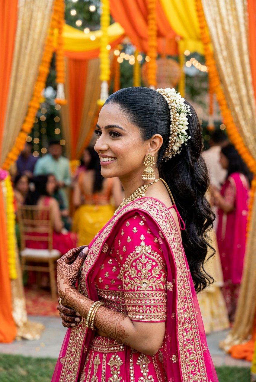Sleek High Ponytail with Mehndi Accessories - 20 mehndi hairstyles - 20 mehndi hairstyles
