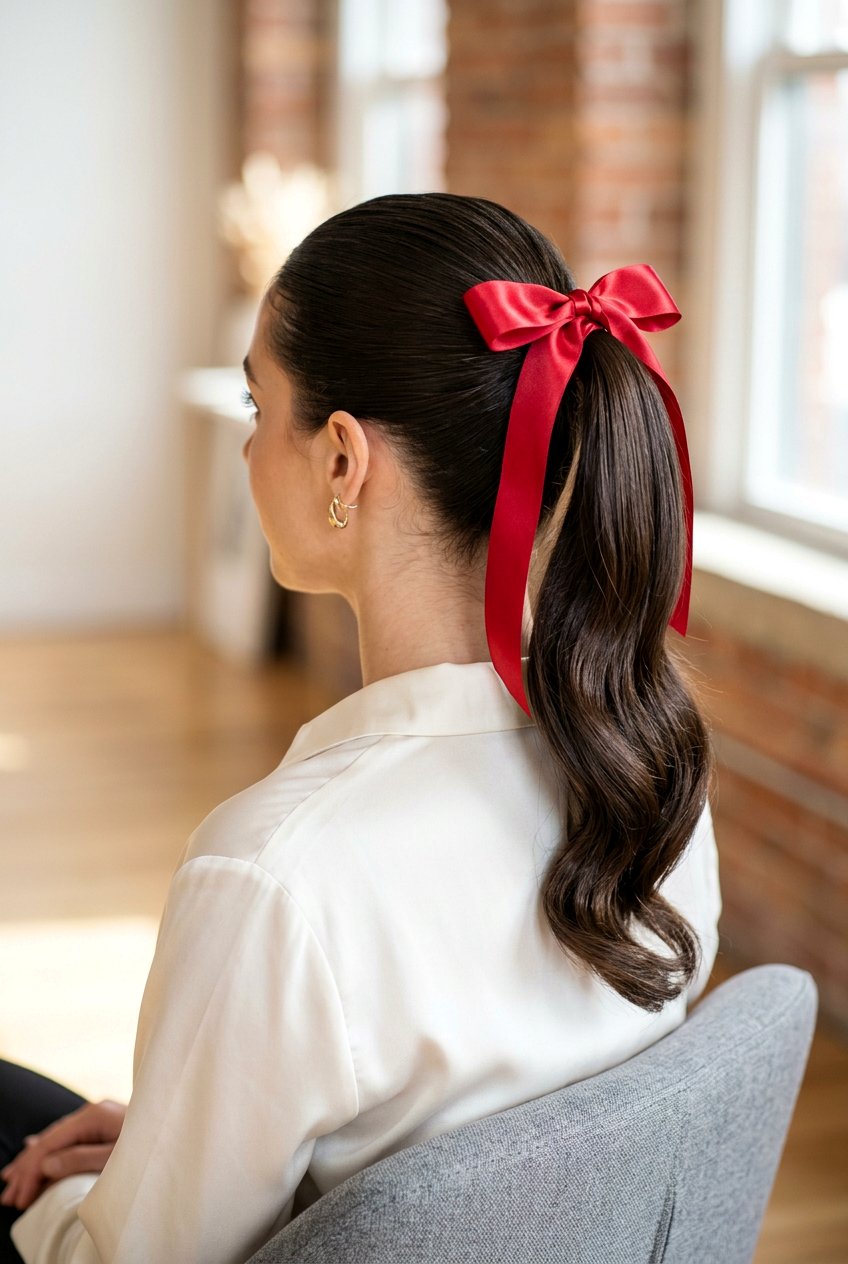 Sleek High Ponytail with Ribbon - 20 last day of school hairstyles - 20 last day of school hairstyles