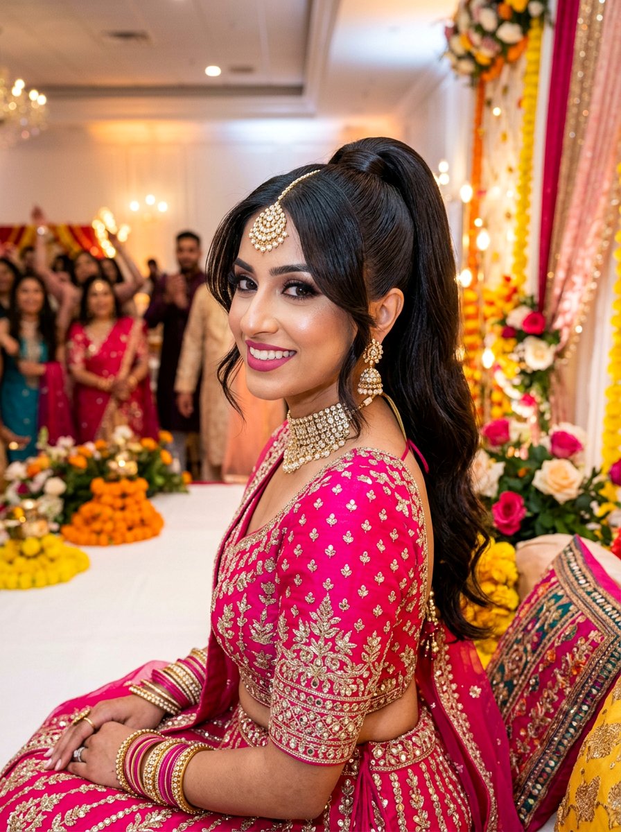 Sleek High Ponytail with Side Swept Bangs - 20 sangeet ponytail hairstyle - 20 sangeet ponytail hairstyle