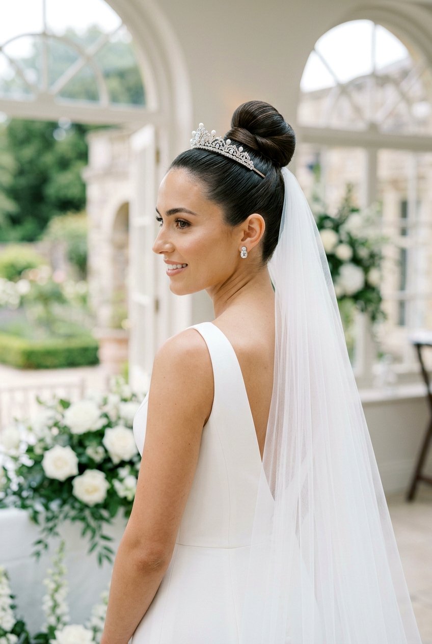 Sleek High Top Knot - 20 bridal hairstyle for veil and tiara - 20 bridal hairstyle for veil and tiara