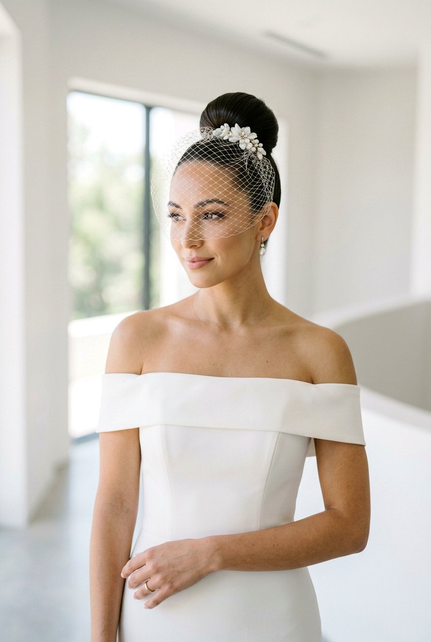 Sleek High Top Knot With Birdcage Veil - 20 bridal hairstyle for thick hair with veil - 20 bridal hairstyle for thick hair with veil