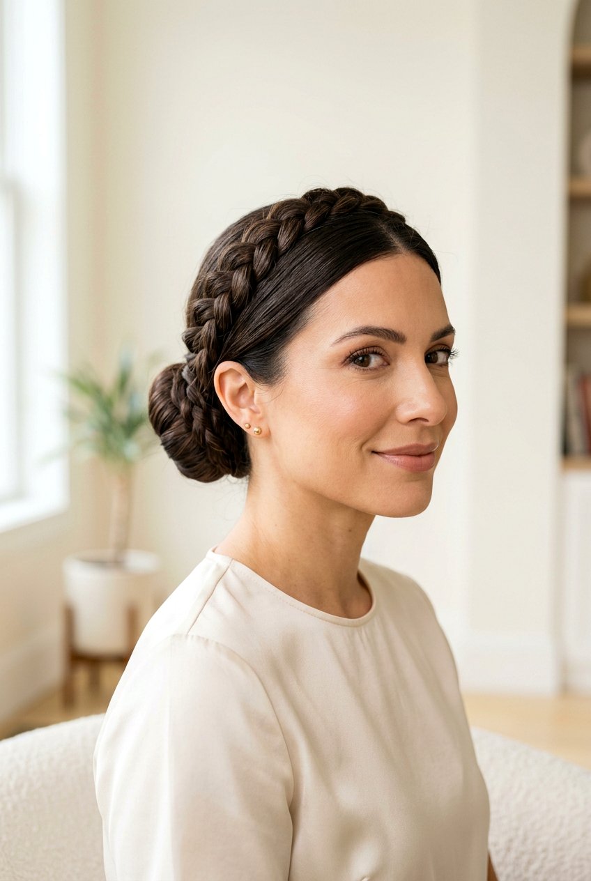 Sleek Knot Bun With Braided Crown - 20 sleek knot bun hairstyle - 20 sleek knot bun hairstyle