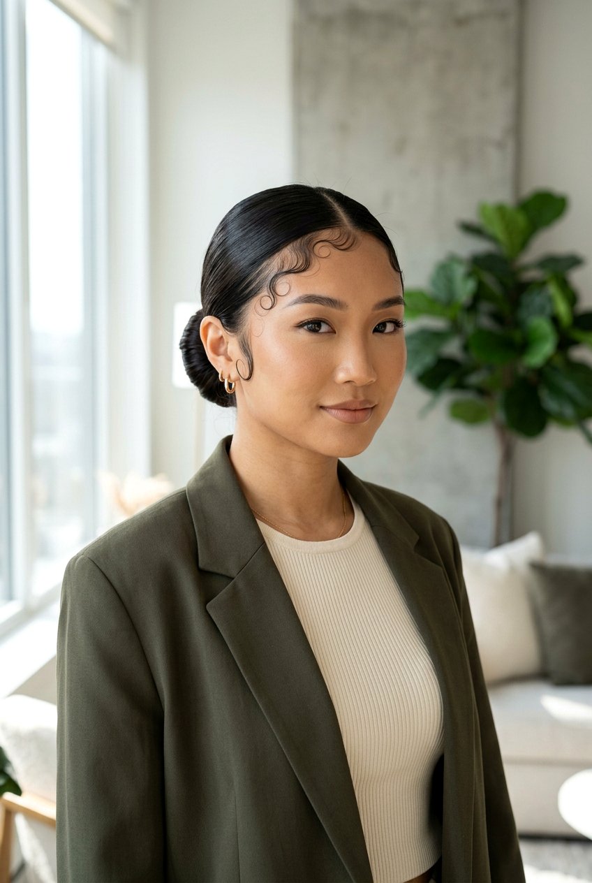 Sleek Knot Bun With Middle Part And Edges - 20 sleek knot bun hairstyle - 20 sleek knot bun hairstyle