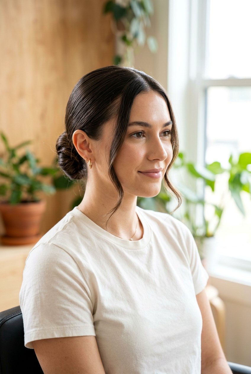 Sleek Knot Bun With Middle Part And Face Framing - 20 sleek knot bun hairstyle - 20 sleek knot bun hairstyle