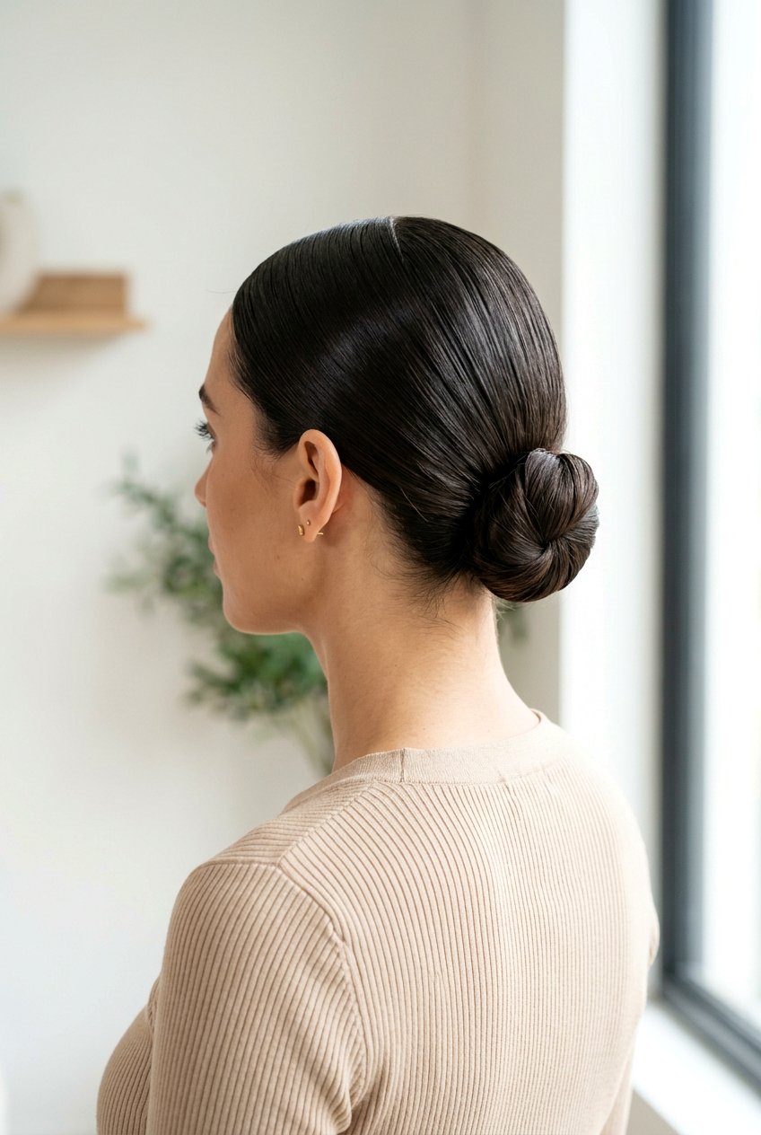 Sleek Knot Bun With Middle Part And Sleek Back - 20 sleek knot bun hairstyle - 20 sleek knot bun hairstyle