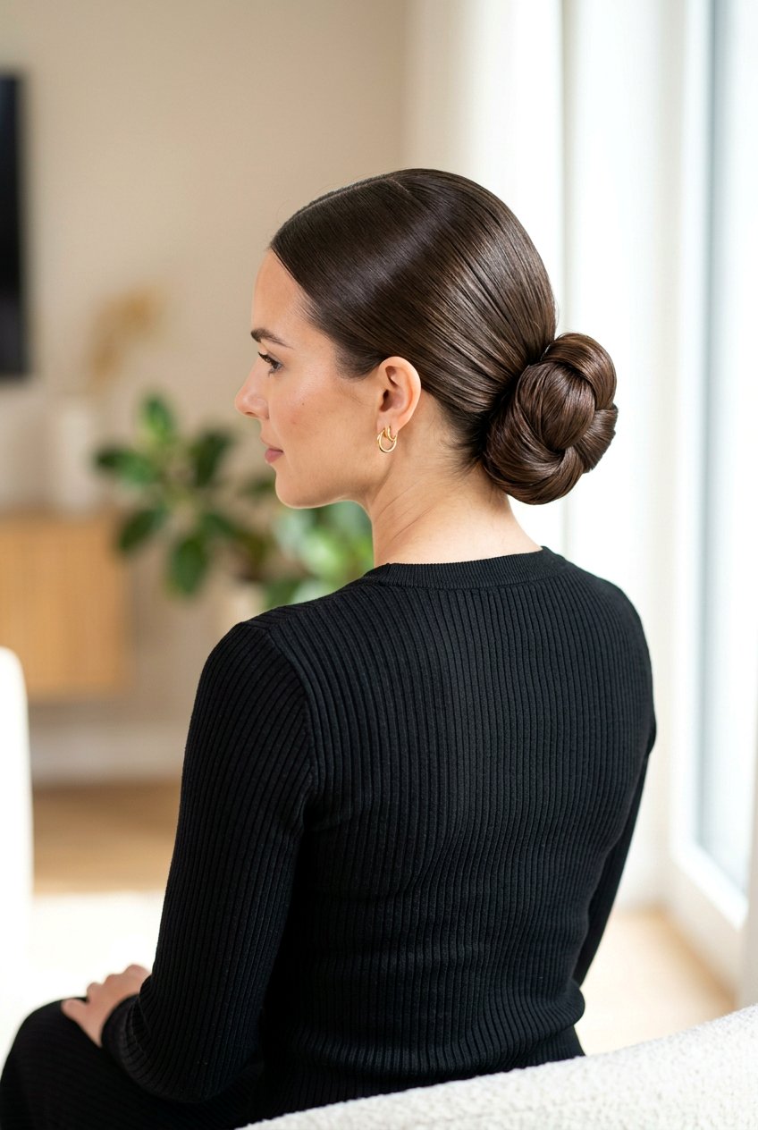 Sleek Knot Bun With Middle Part On Long Hair - 20 sleek knot bun hairstyle - 20 sleek knot bun hairstyle