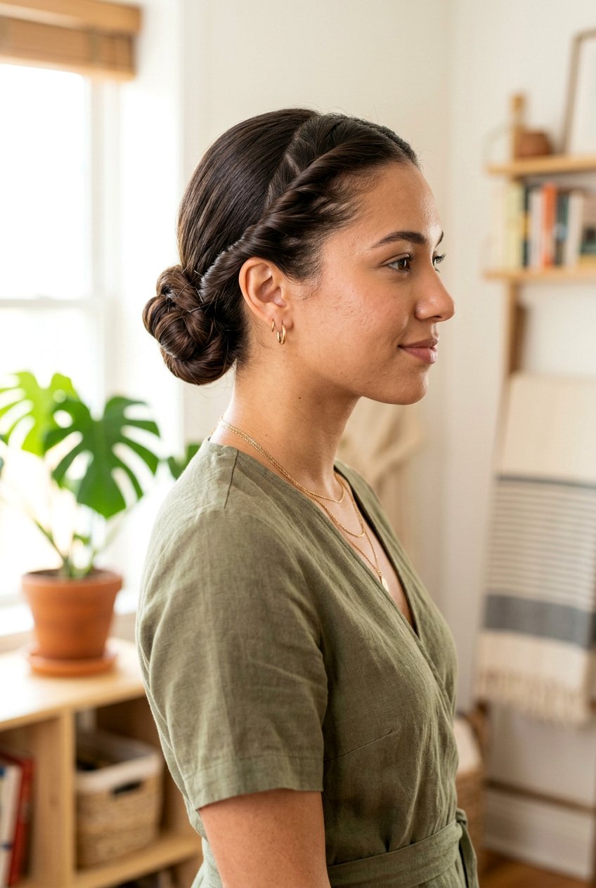 Sleek Knot Bun With Twisted Front Detail - 20 sleek knot bun hairstyle - 20 sleek knot bun hairstyle