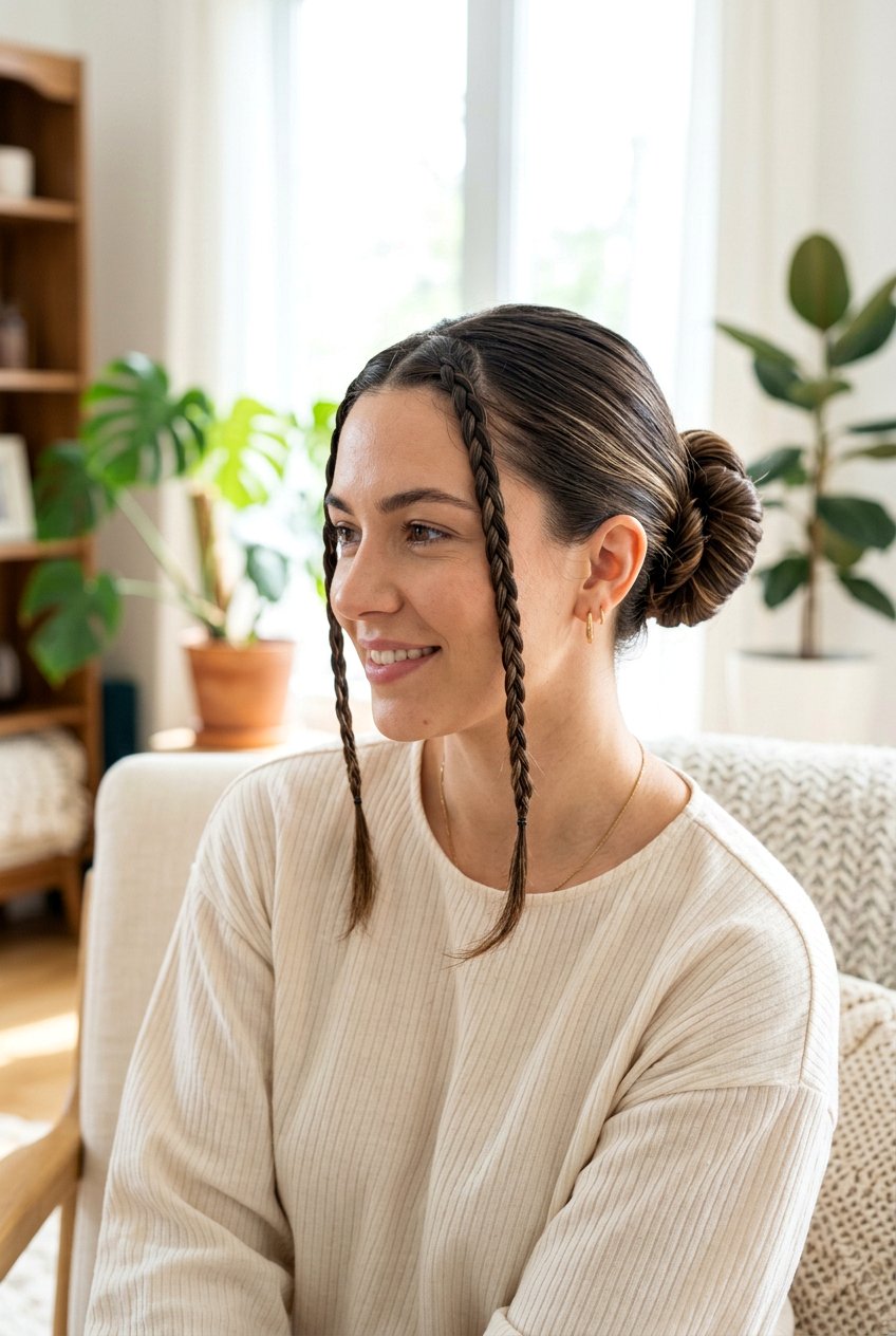 Sleek Knot Bun With Two Braids In Front - 20 sleek knot bun hairstyle - 20 sleek knot bun hairstyle