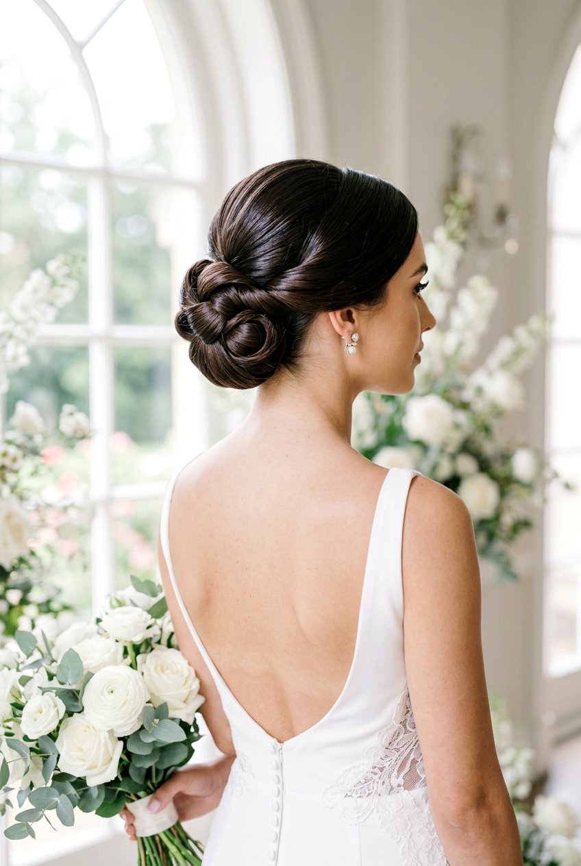 Sleek Knotted Bridal Updo - 20 bridal hairstyle for sleek modern wedding - 20 bridal hairstyle for sleek modern wedding