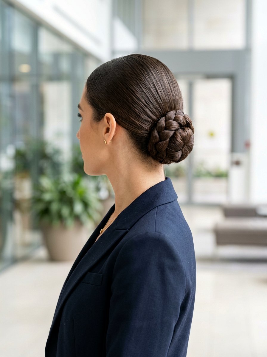 Sleek Low Braided Bun - 20 office hairstyle with low braid bun - 20 office hairstyle with low braid bun