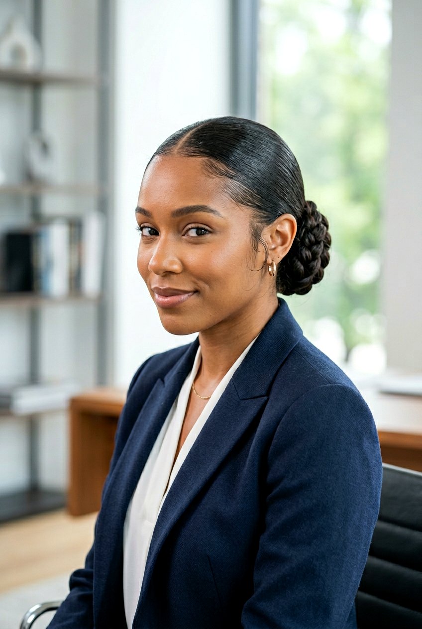 Sleek Low Braided Bun With Wispy Strands - 20 braided bun with face framing strands - 20 braided bun with face framing strands