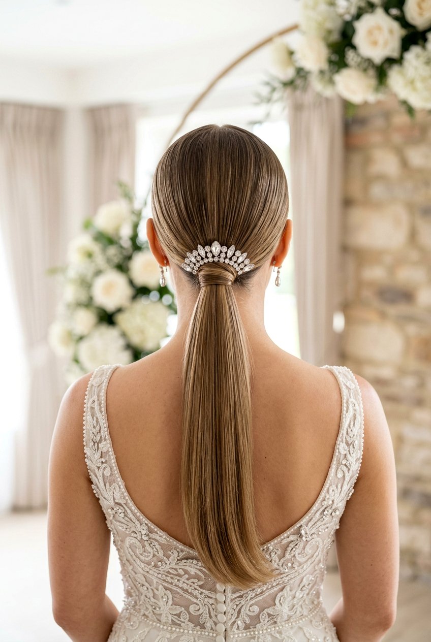 Sleek Low Bridal Ponytail With Crystal Pins - 20 bridal ponytail with crystal pins - 20 bridal ponytail with crystal pins