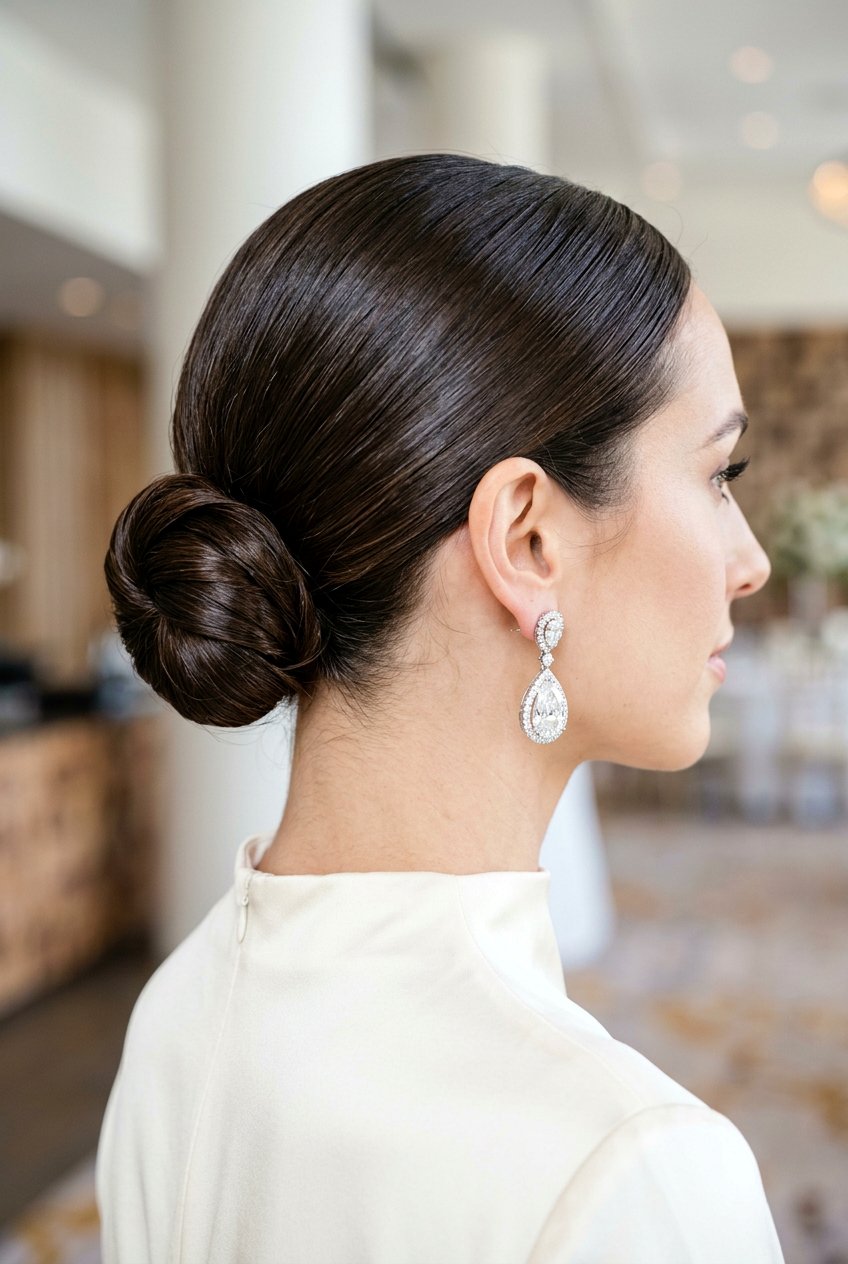 Sleek Low Bun - 20 bridal hairstyle for thick wavy hair - 20 bridal hairstyle for thick wavy hair