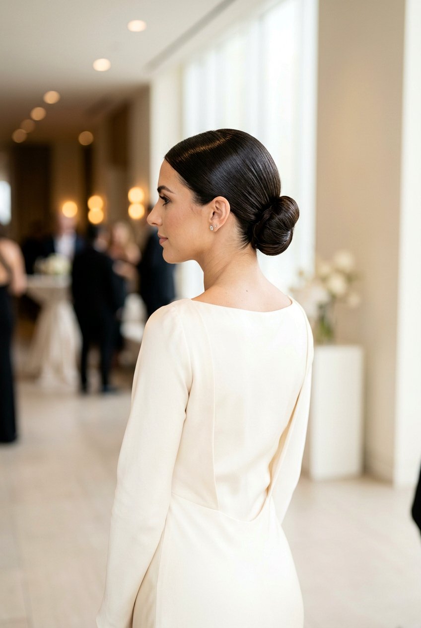 Sleek Low Bun - 20 bridal hairstyle with center part - 20 bridal hairstyle with center part