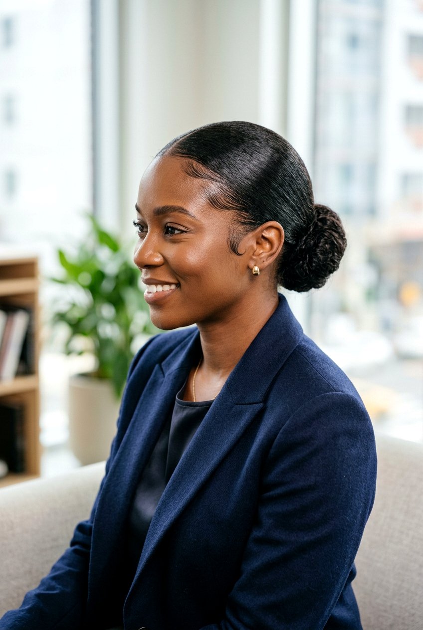 Sleek Low Bun - 20 black women office hairstyle ideas - 20 black women office hairstyle ideas