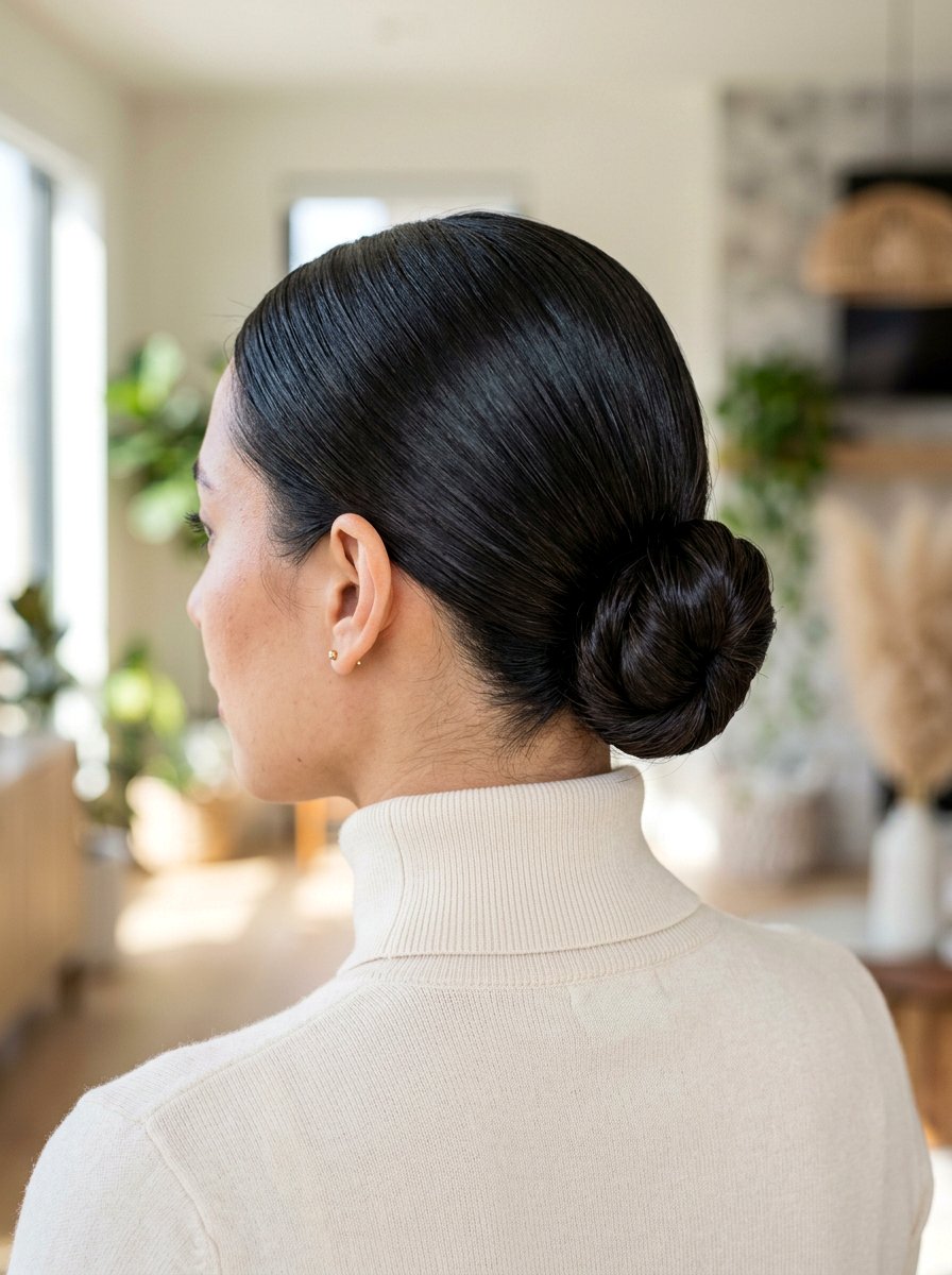 Sleek Low Bun - 20 cute hairstyle for coffee date - 20 cute hairstyle for coffee date