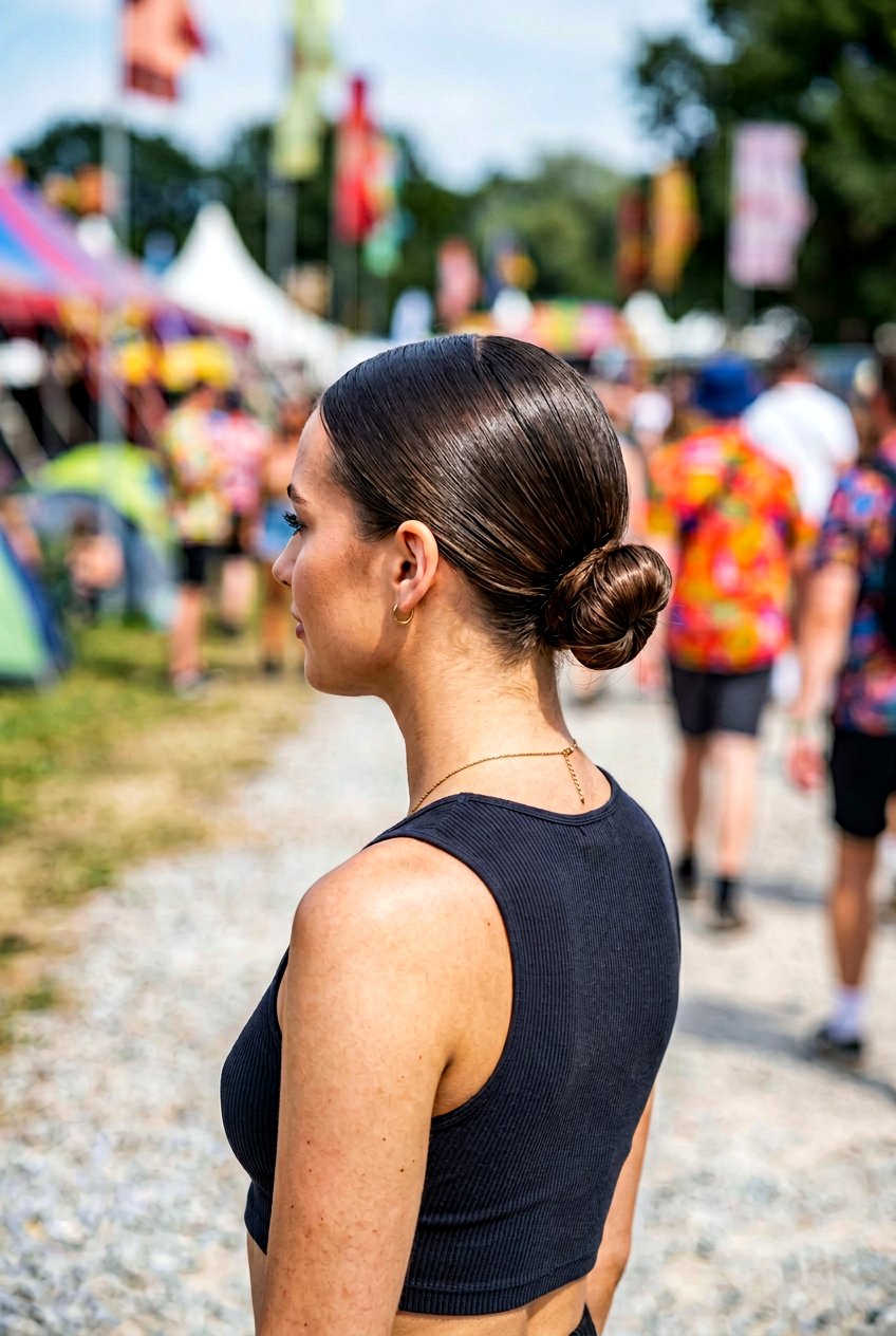Sleek Low Bun Festival Hairstyle - 20 festival hairstyles for women - 20 festival hairstyles for women