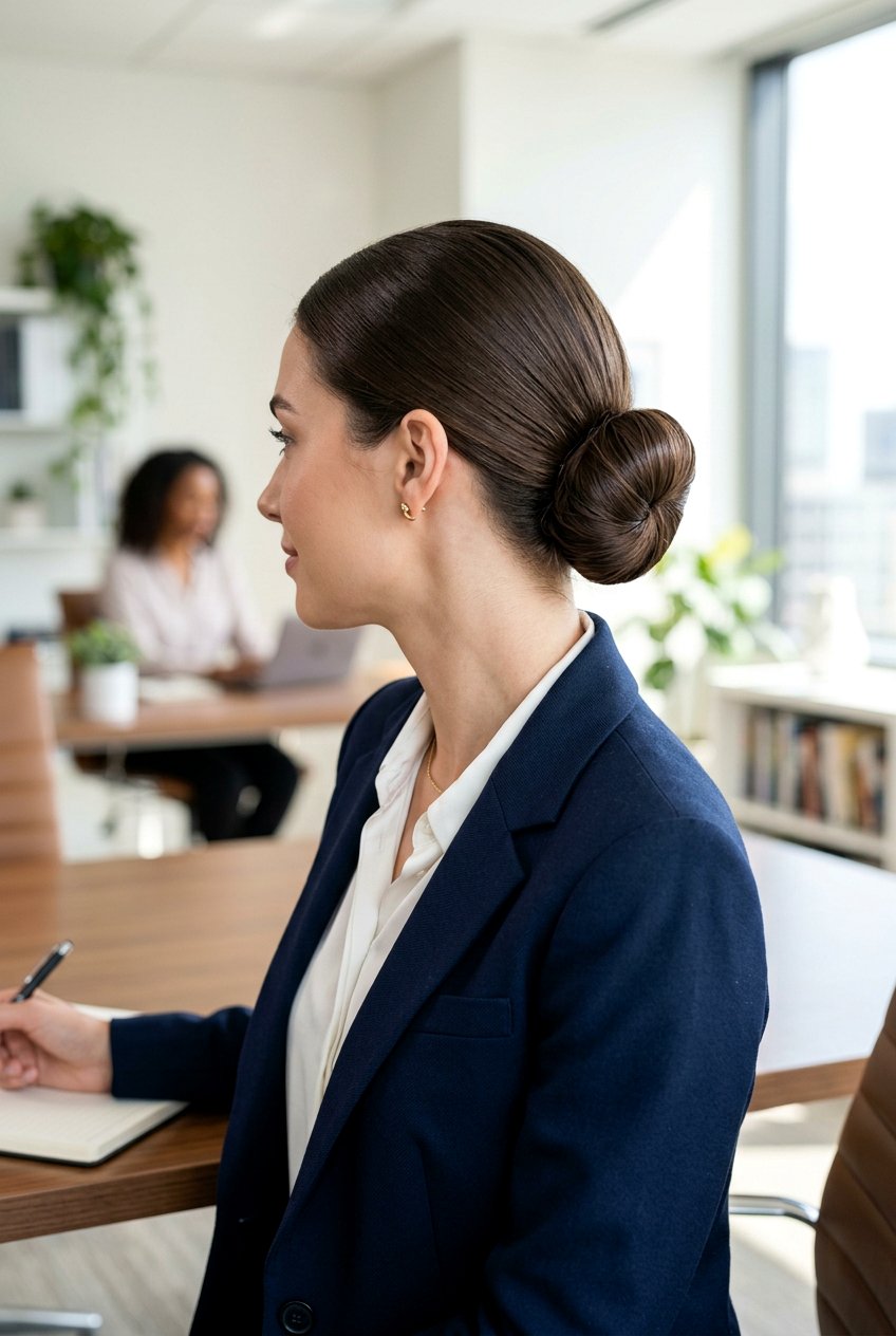 Sleek Low Bun For Humidity - 20 work hairstyle for humid weather - 20 work hairstyle for humid weather