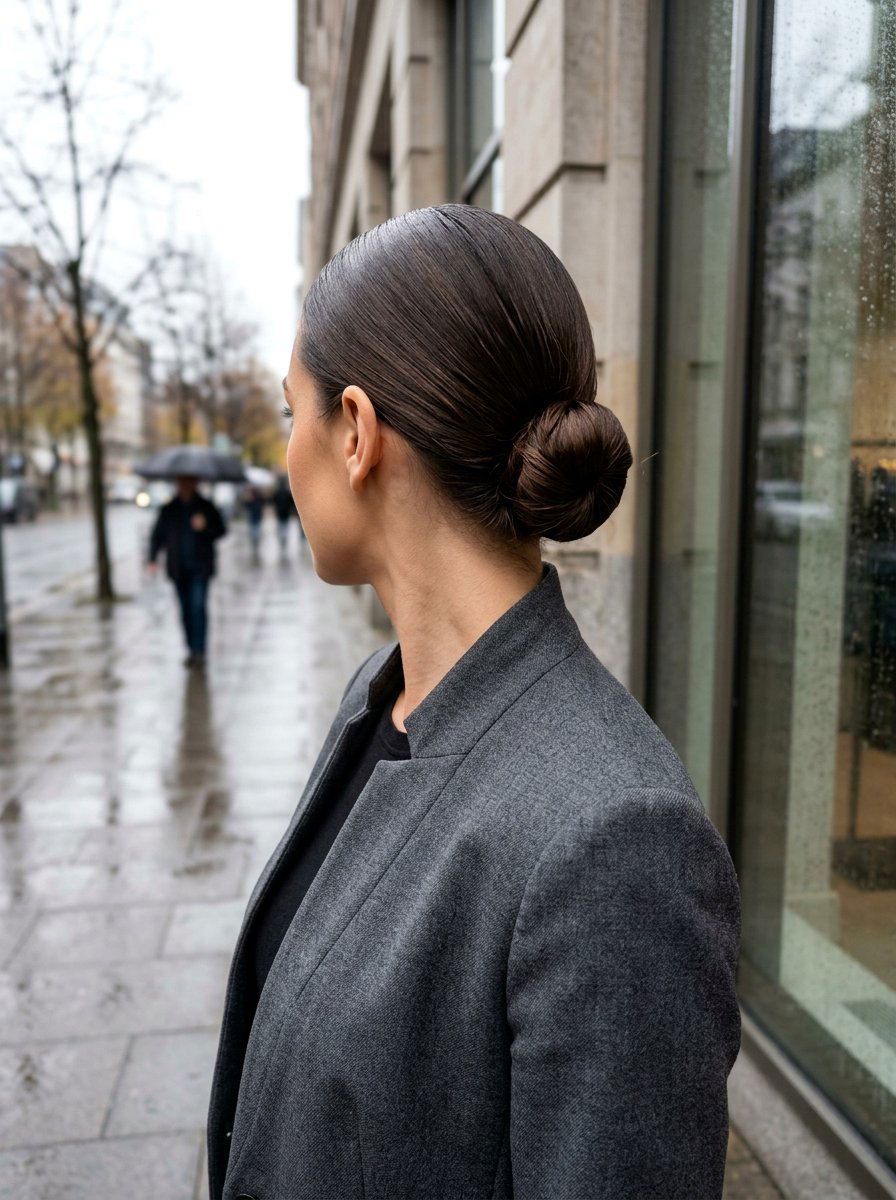 Sleek Low Bun For Rainy Days - 20 office hairstyle for rainy days - 20 office hairstyle for rainy days