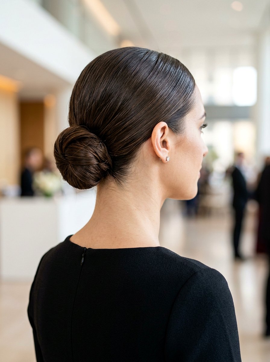 Sleek Low Bun Medium Layered Hair - 20 party hairstyle for medium layers - 20 party hairstyle for medium layers