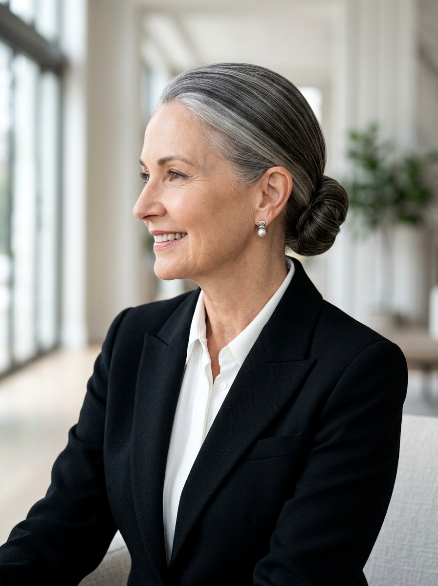 Sleek Low Bun Updo For Older Women - 20 polished office hairstyle for older women - 20 polished office hairstyle for older women