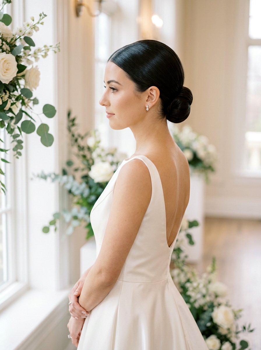 Sleek Low Bun Wedding Hair - 20 wedding hairstyles for outdoor ceremony - 20 wedding hairstyles for outdoor ceremony