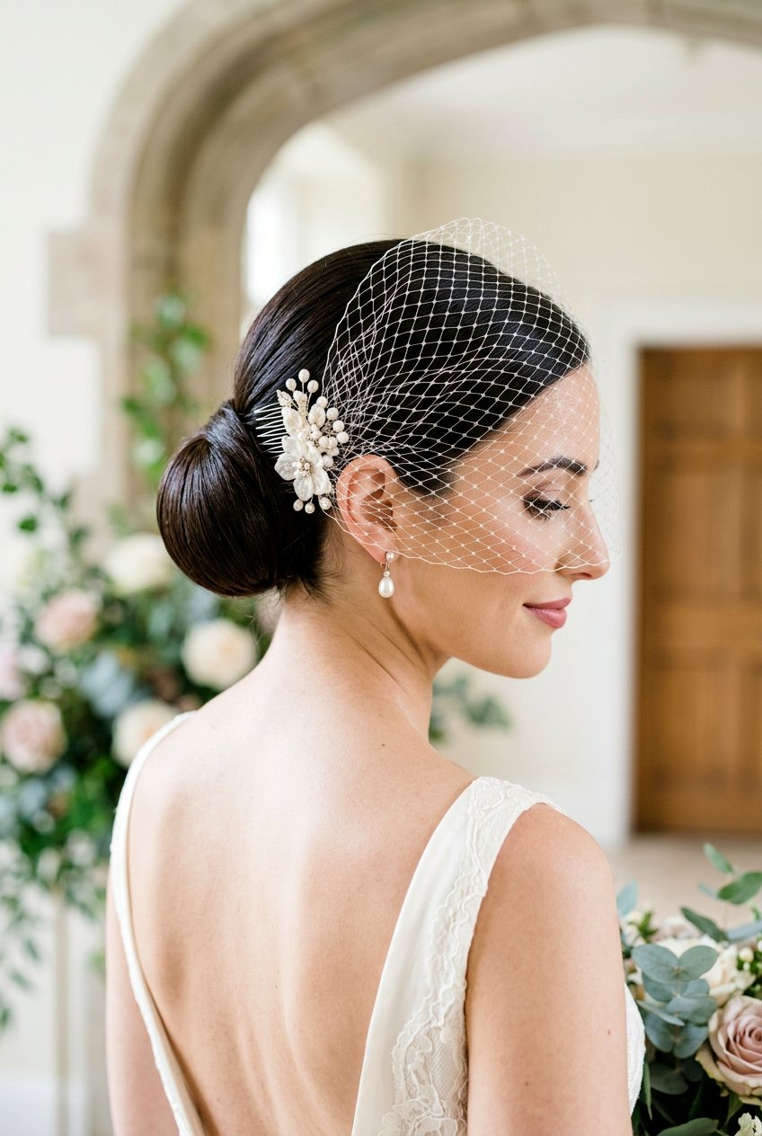 Sleek Low Bun With Birdcage Veil - 20 bridal hairstyle with low sleek bun - 20 bridal hairstyle with low sleek bun
