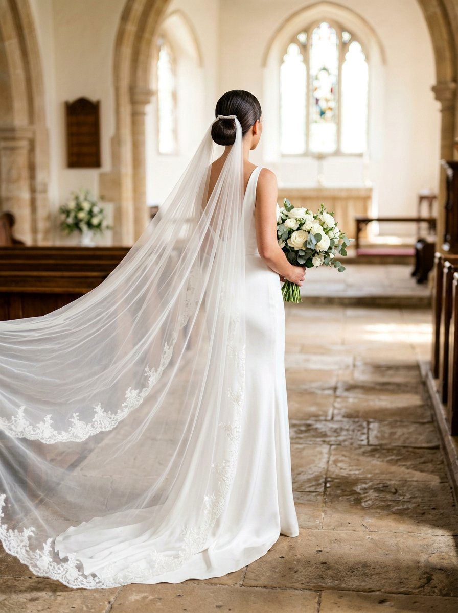 Sleek Low Bun With Cathedral Veil - 20 veil friendly wedding updo - 20 veil friendly wedding updo