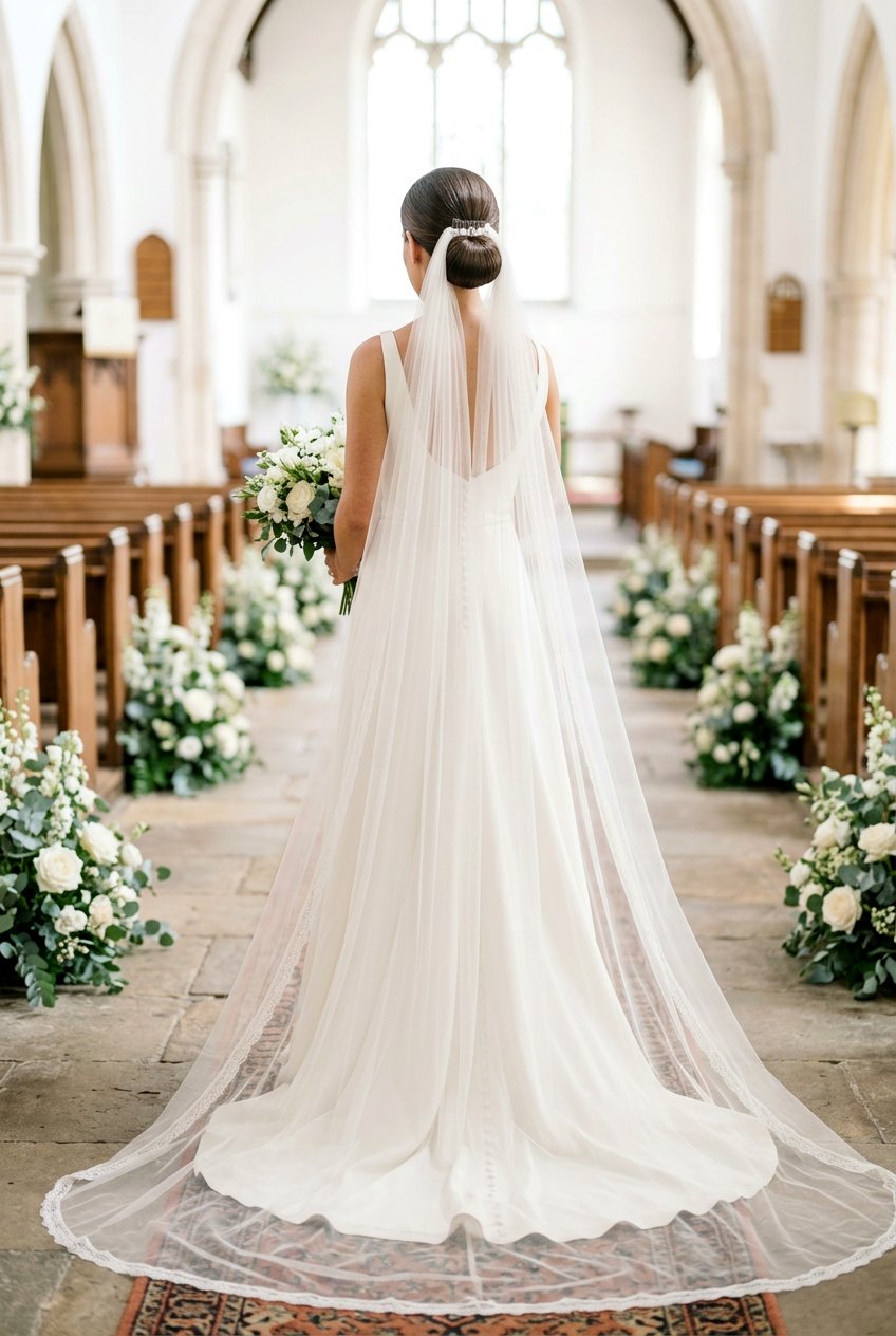 Sleek Low Bun With Cathedral Veil - 20 bridal hairstyle with low sleek bun - 20 bridal hairstyle with low sleek bun