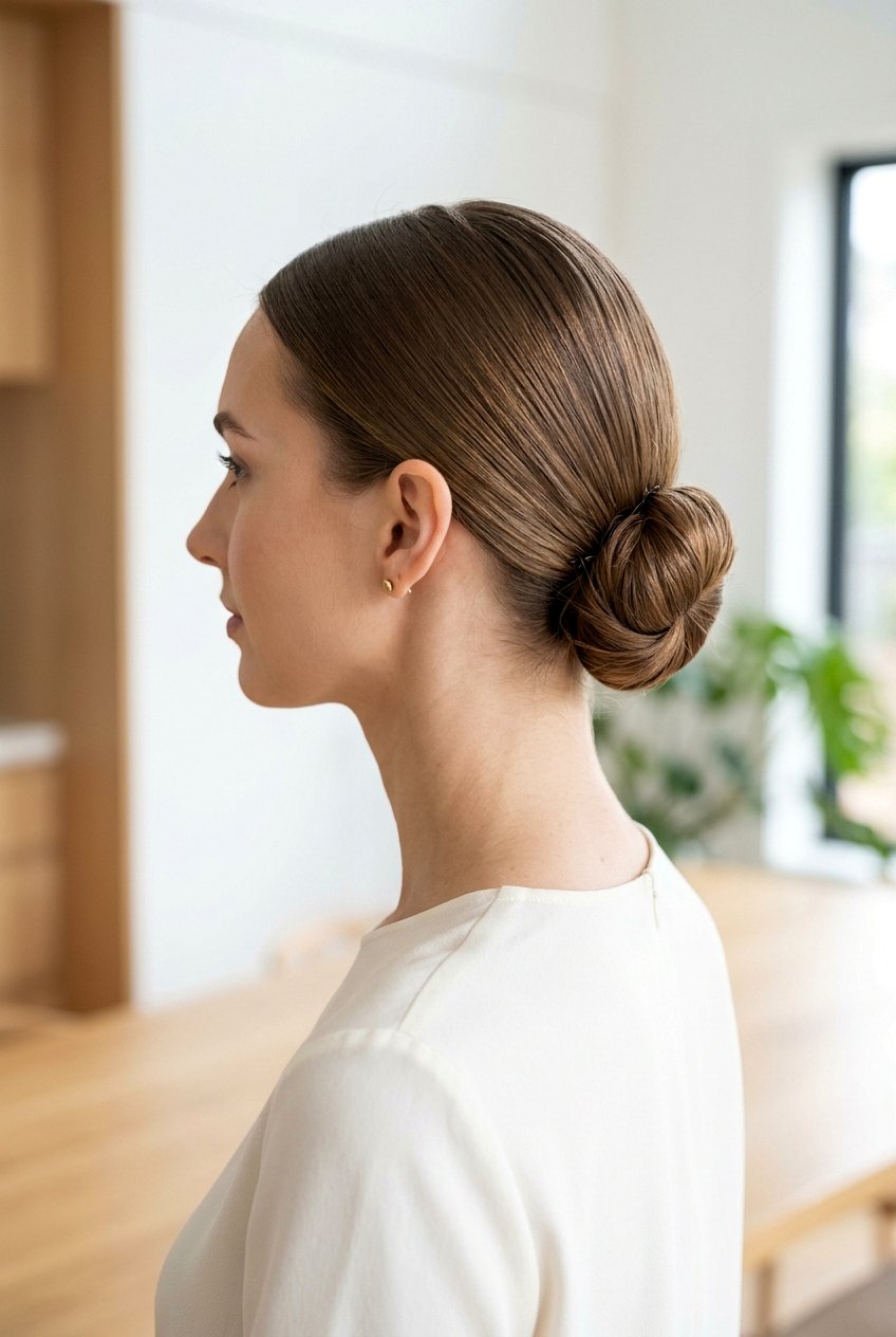 Sleek Low Bun With Center Part - 20 five minute hairstyles - 20 five minute hairstyles