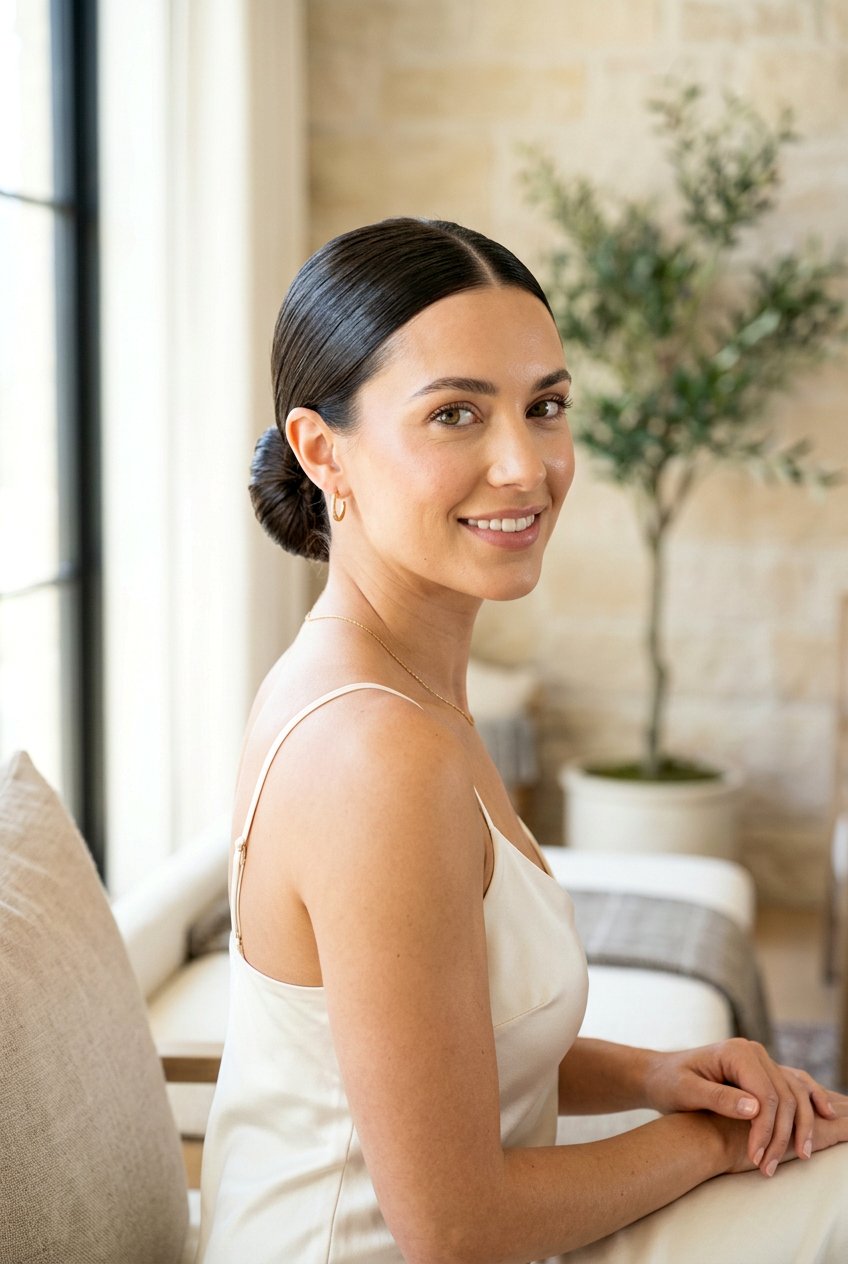 Sleek Low Bun With Center Part - 20 low bun wedding guest hairstyle - 20 low bun wedding guest hairstyle