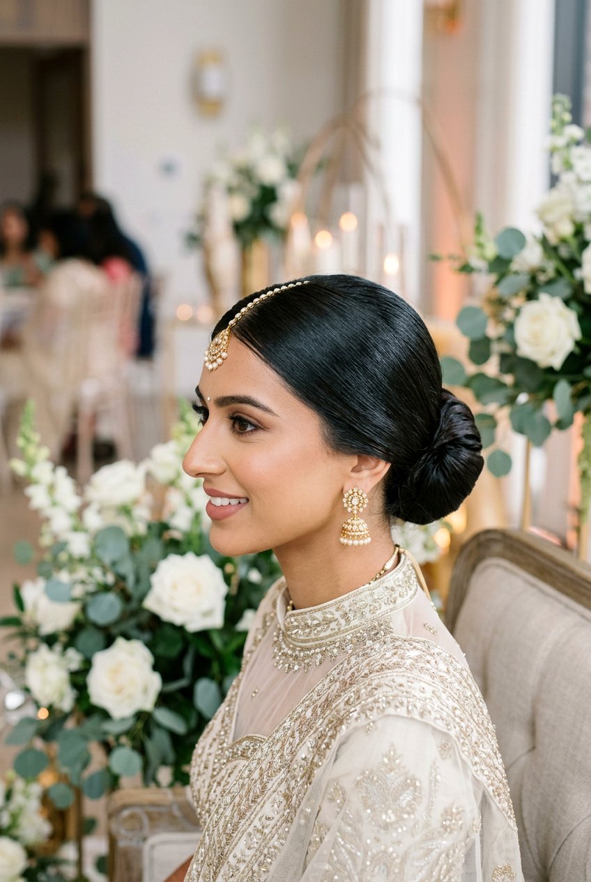 Sleek Low Bun With Center Part - 20 pakistani bridal hairstyles - 20 pakistani bridal hairstyles