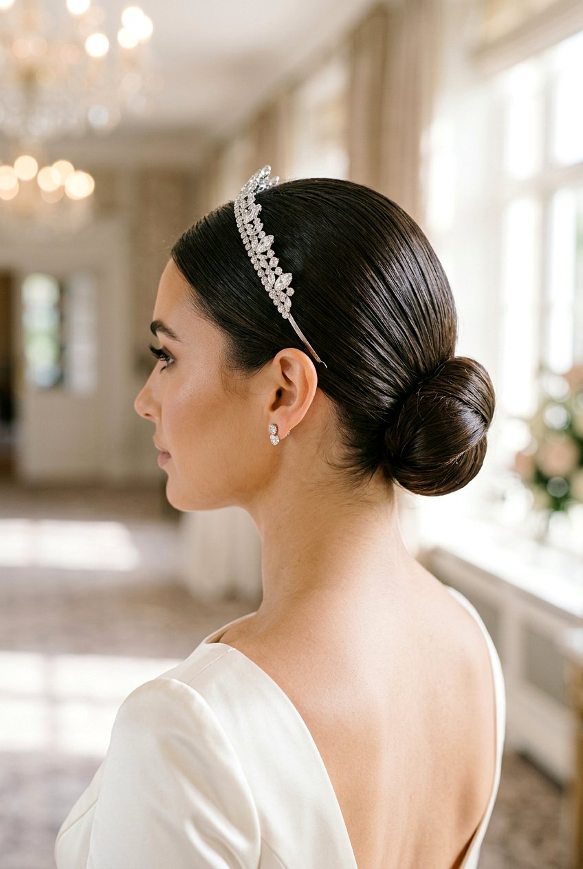 Sleek Low Bun With Crystal Headband - 20 bridal hairstyle with low sleek bun - 20 bridal hairstyle with low sleek bun