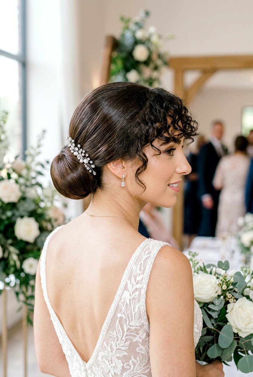 Sleek Low Bun With Curly Bangs - 20 bridal bun with curls in front - 20 bridal bun with curls in front