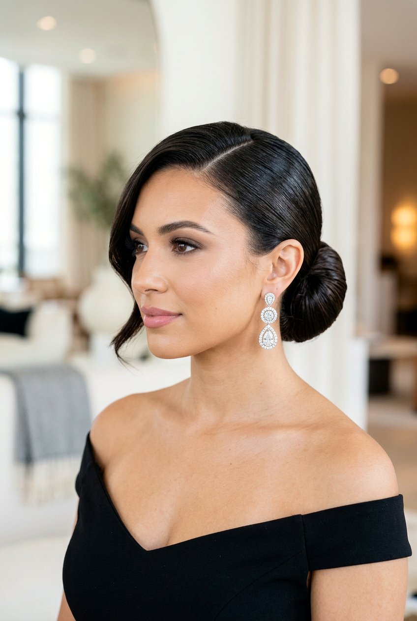 Sleek Low Bun With Deep Side Part - 20 bridal hairstyle with low sleek bun - 20 bridal hairstyle with low sleek bun