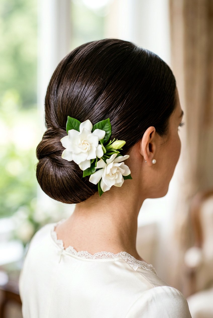 Sleek Low Bun With Flowers - 20 bridal hairstyle with low sleek bun - 20 bridal hairstyle with low sleek bun