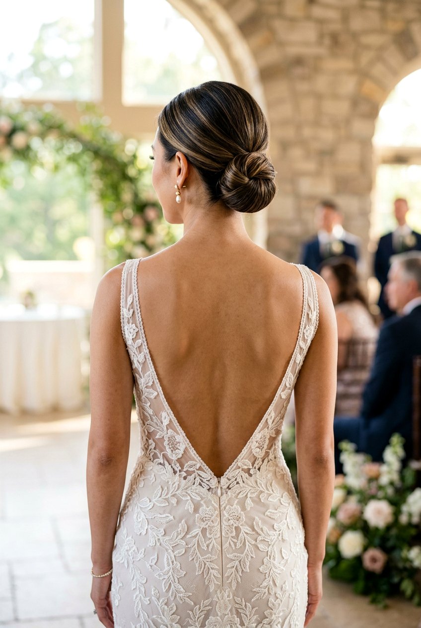 Sleek Low Bun With Low Back Dress - 20 bridal hairstyle with low sleek bun - 20 bridal hairstyle with low sleek bun