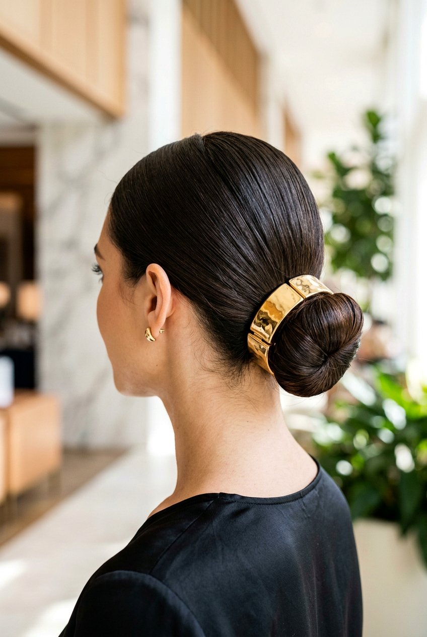 Sleek Low Bun With Metallic Gold Cuffs - 20 bridal hairstyle with low sleek bun - 20 bridal hairstyle with low sleek bun