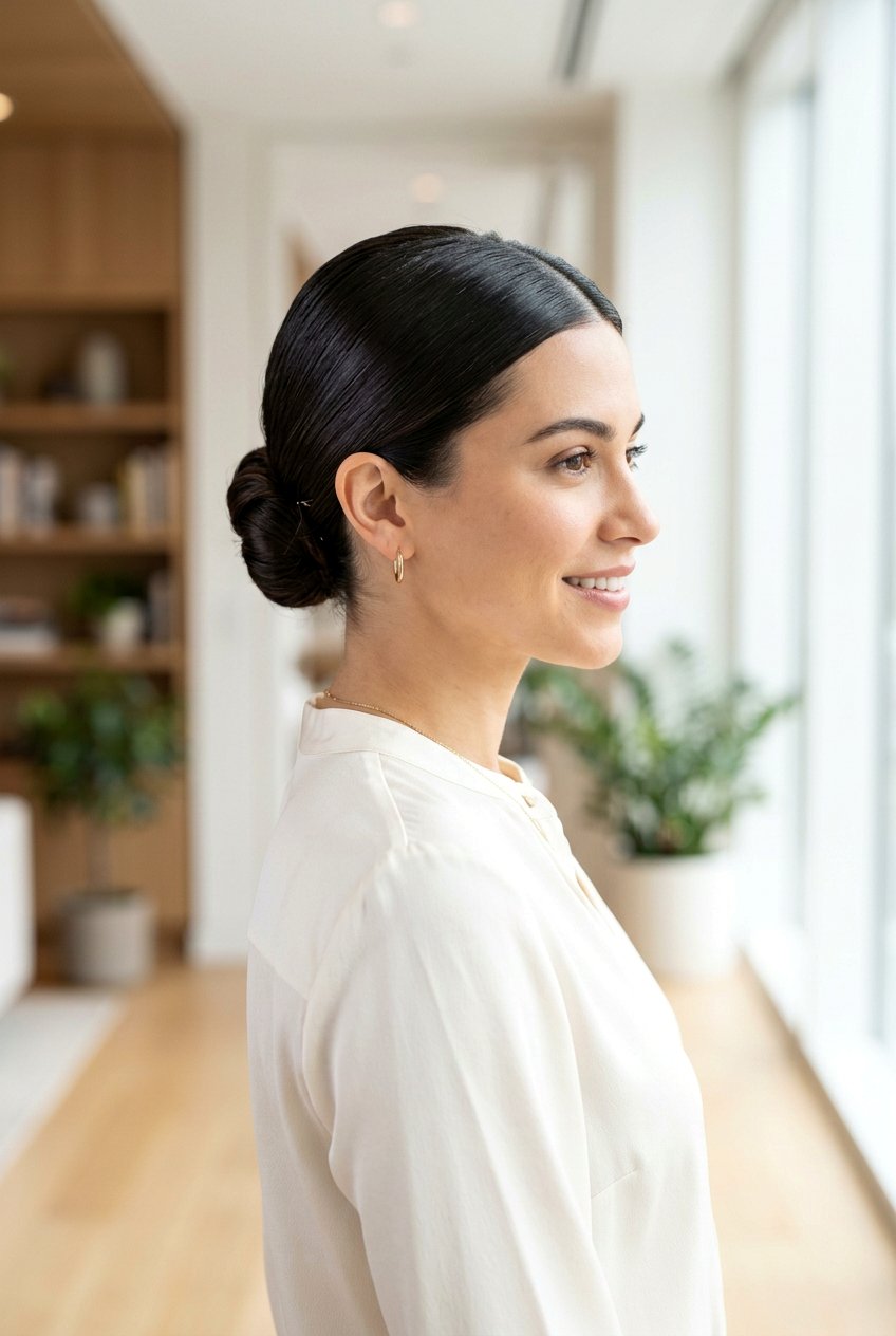 Sleek Low Bun With Middle Part - 20 picture day hairstyle for shoulder length hair - 20 picture day hairstyle for shoulder length hair