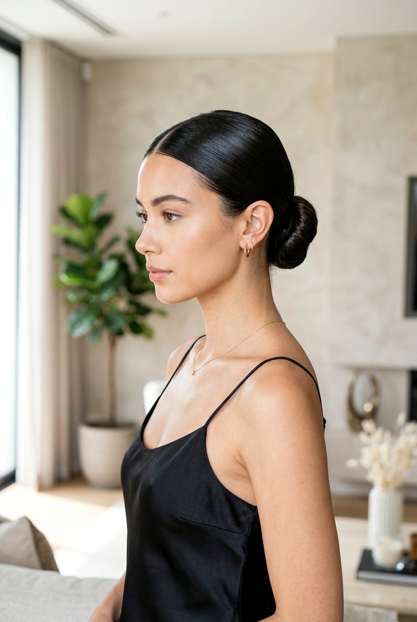 Sleek Low Bun With Middle Part - 20 vacation dinner hairstyles - 20 vacation dinner hairstyles