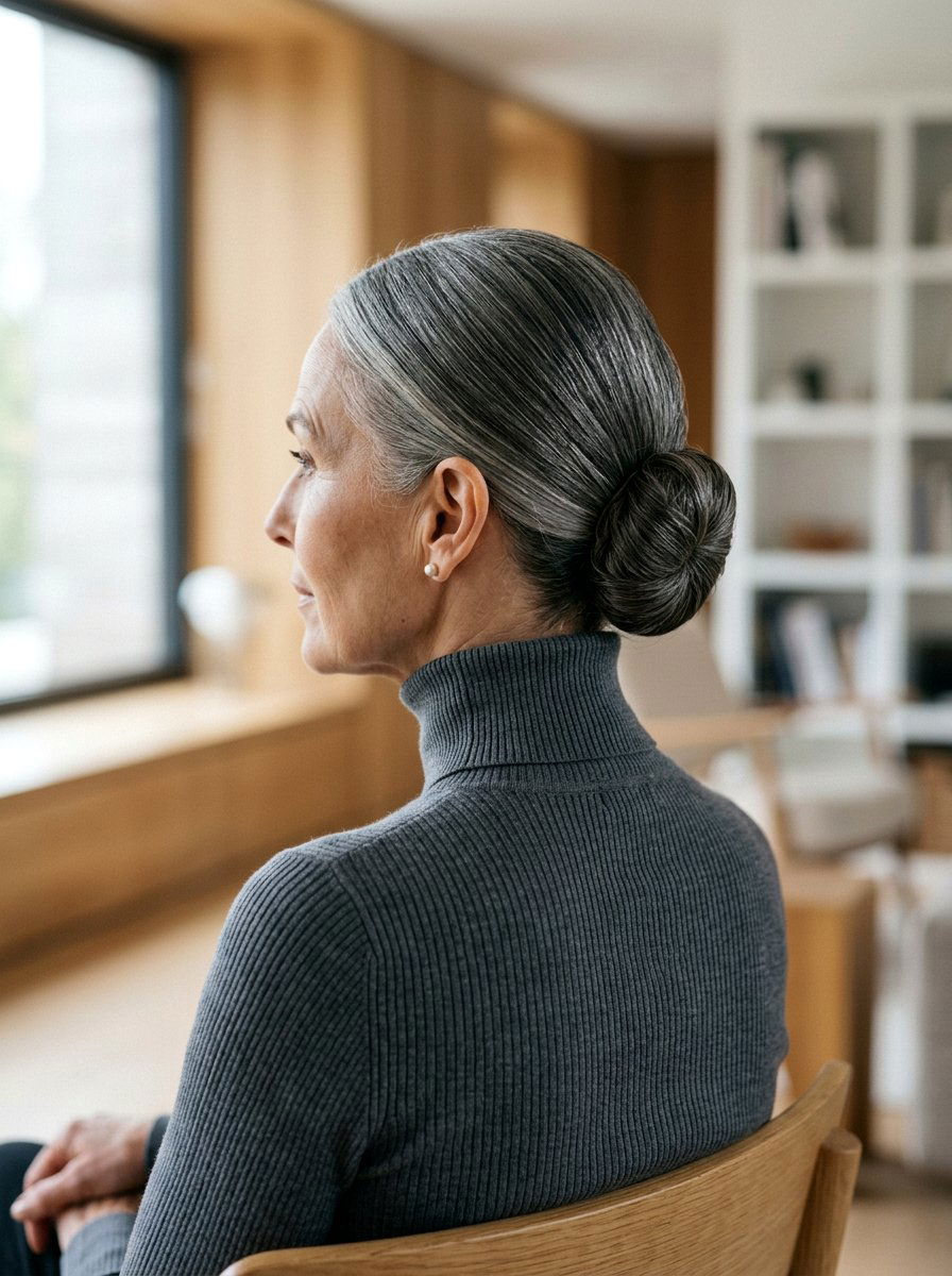 Sleek Low Bun With Middle Part - 20 classy low bun hairstyle for older women - 20 classy low bun hairstyle for older women