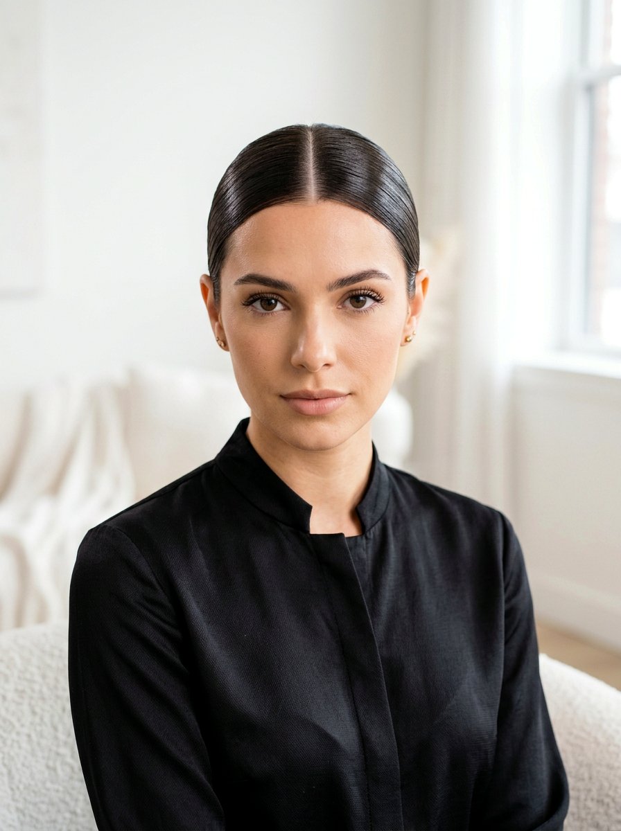 Sleek Low Bun With Middle Part - 20 interview hairstyle with smooth low bun - 20 interview hairstyle with smooth low bun