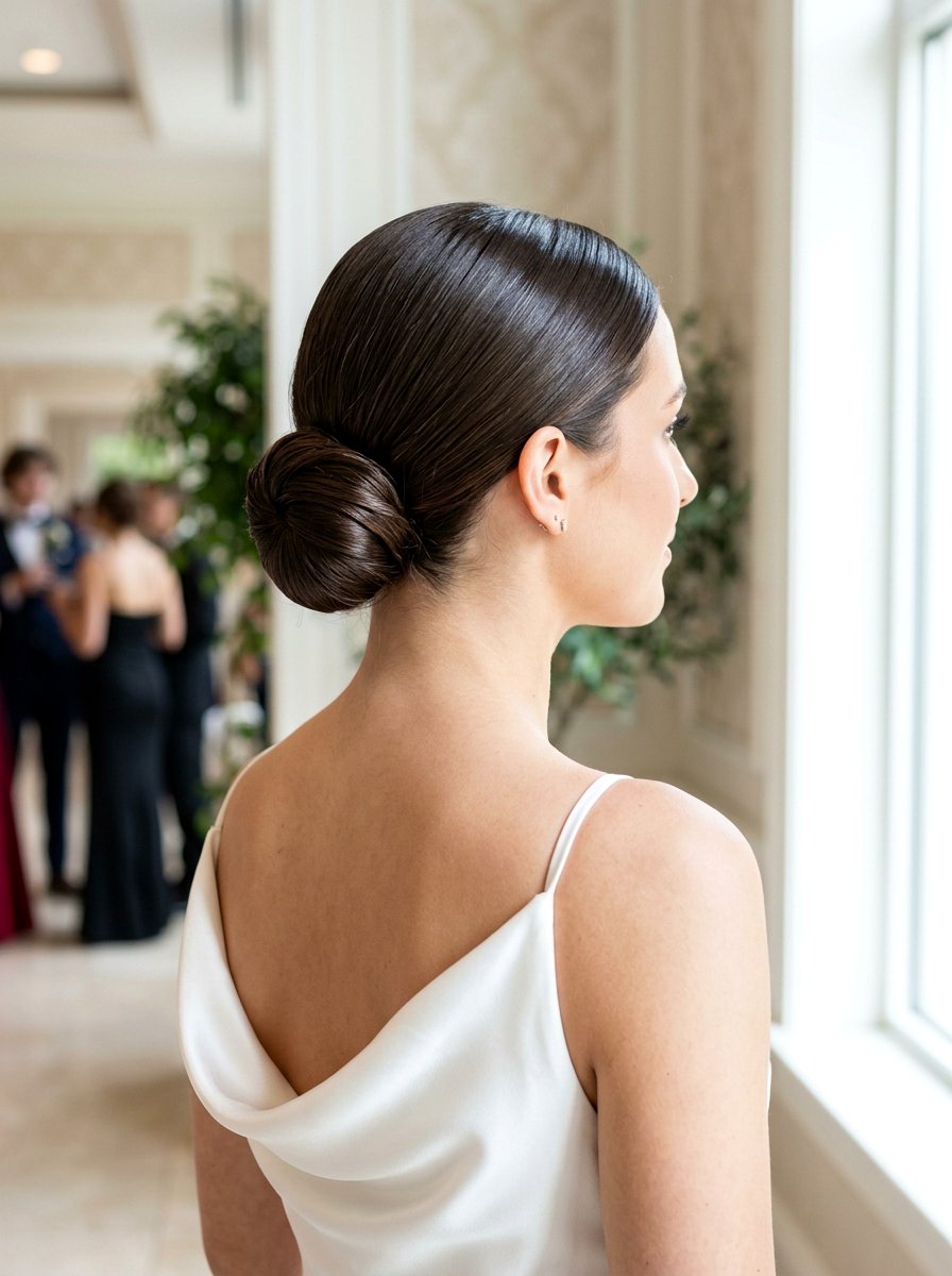 Sleek Low Bun With Middle Part - 20 prom low bun for medium hair - 20 prom low bun for medium hair