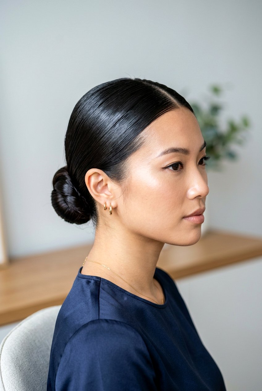 Sleek Low Bun With Middle Part And Gel Finish - 20 clean girl slick bun - 20 clean girl slick bun