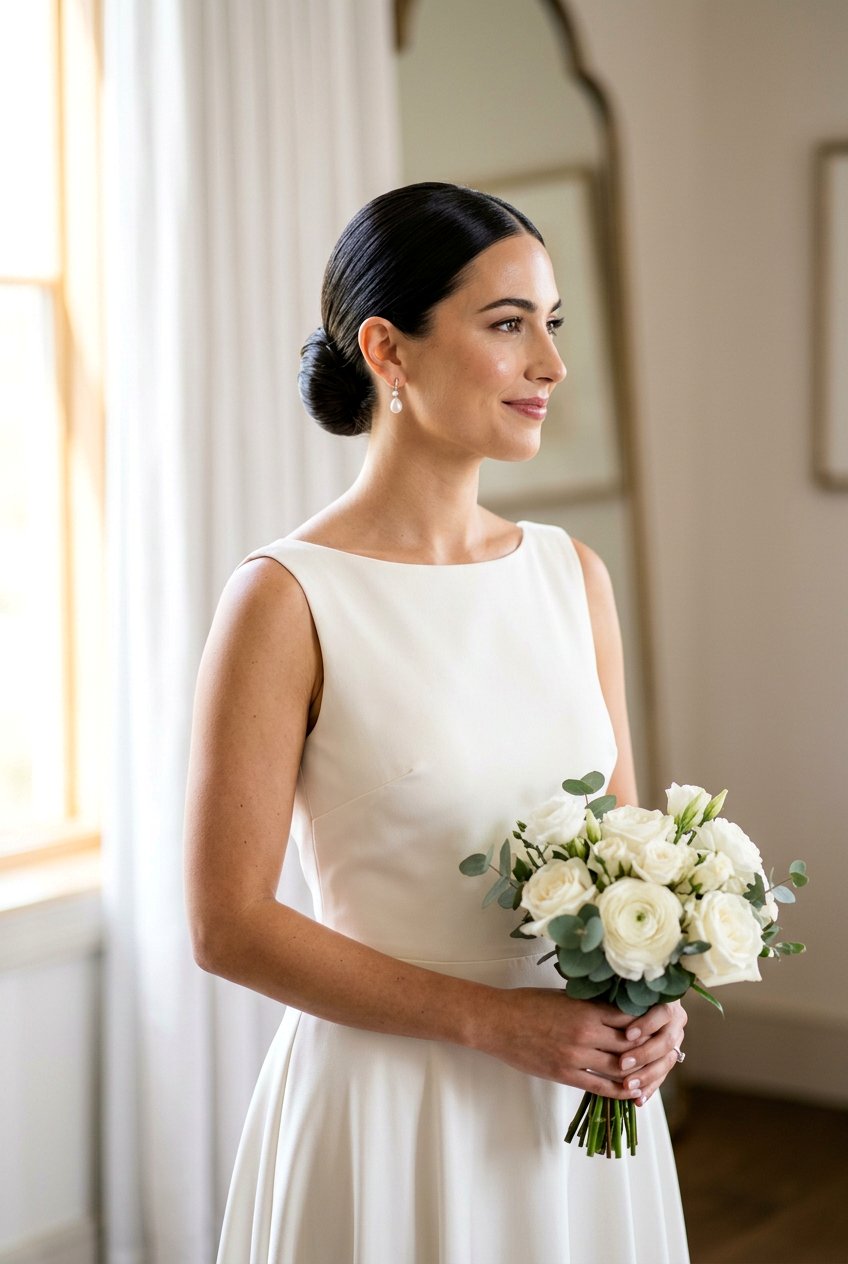 Sleek Low Bun With Middle Part - 20 bridal hairstyle with low sleek bun - 20 bridal hairstyle with low sleek bun