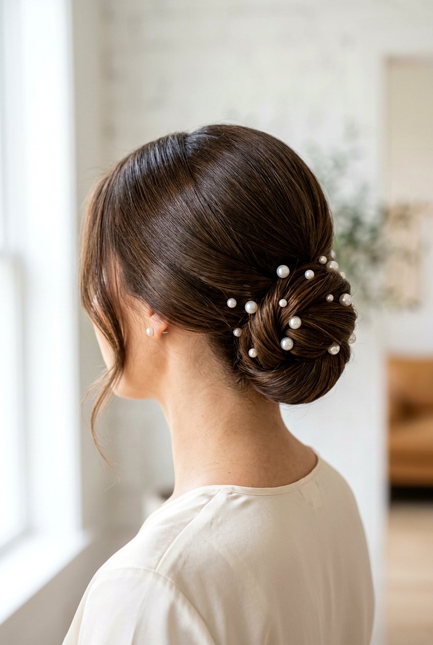 Sleek Low Bun With Pearl Hair Pins - 20 bridal hairstyle with low sleek bun - 20 bridal hairstyle with low sleek bun