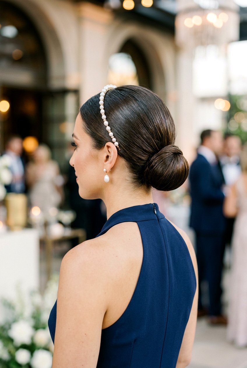 Sleek Low Bun With Pearl Headband - 20 birthday hairstyle with low bun and pearls - 20 birthday hairstyle with low bun and pearls