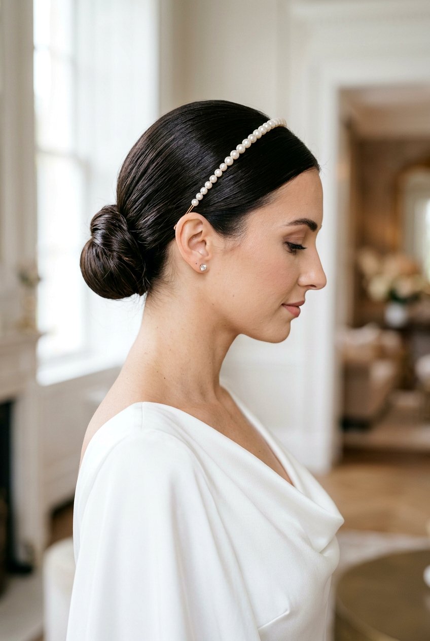 Sleek Low Bun With Pearl Headband - 20 bridal hairstyle with pearl headband - 20 bridal hairstyle with pearl headband